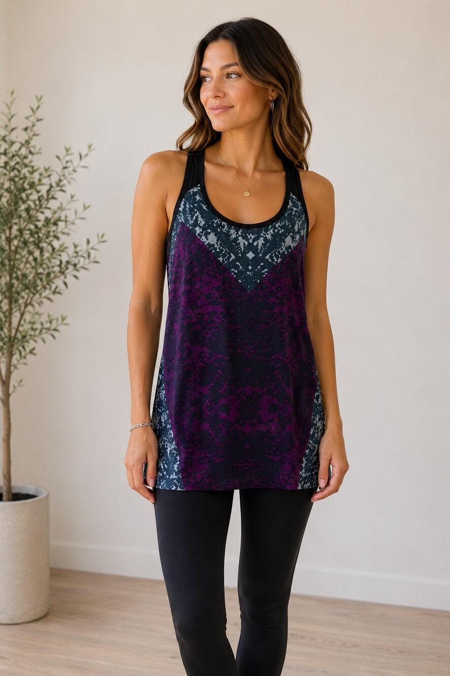 CAbi Purple Black Abstract Print Layered Racerback Tunic Tank S